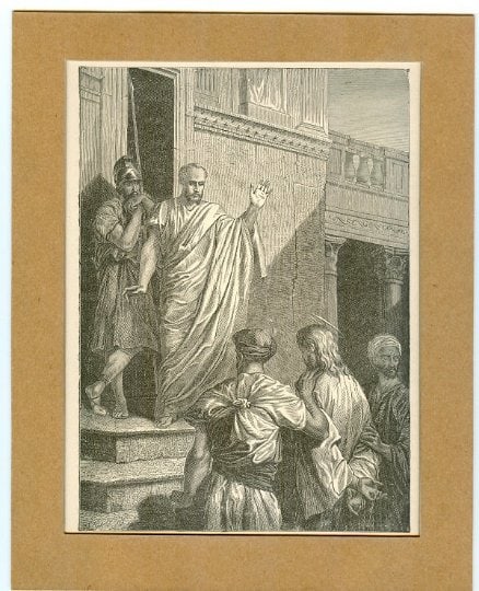 Christ & Pontius Pilate, I Find No Fault in This Man, Antique 1883 Wood Engraving: "Jesus Christ and Pontius Pilate" - New Testament. "I Find No Fault in This Man" genuine antique woodcut engraving, signed in plate "HUS, 1883. The engraving is c. 5.3/4" x 8" (14.3cm x 20.3cm), very