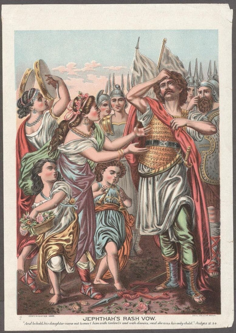 Jephthah's Rash Vow, Avil Co. Antique 1888 Color Lithograph: "Jephthah's Rash Vow. And behold, his daughter came out to meet him with timbrels and with dances: and she was his only child." [Judges xi.34.]; copyrighted 1888, lithographed by Avil Co., Philadelphi