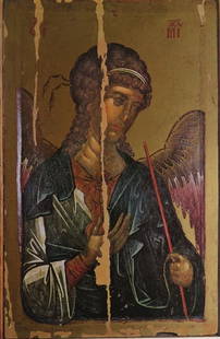 Archangel Michael, Byzantine Icon, Hilander Monastery 14.Cent., 1980s Color Lithograph: "Archangel Michael", Serbian Byzantine Orthodox icon from the 14. century monastery Hilander, mountain Athos, vintage color lithograph, 1980s, unsigned. The litho size c. 11.1/4" x c.7.1/4" [28.6cm x