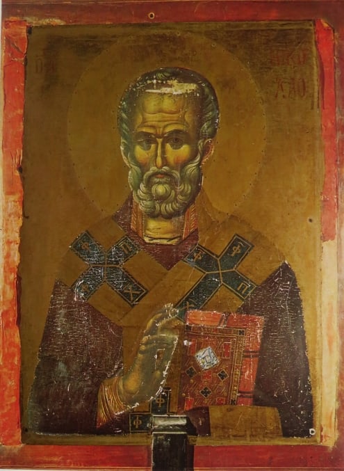 St. Nicholas, Byzantine Icon, Hilander Monastery 14.Cent., 1980s Color Litho: "St. Nicholas", Serbian Byzantine Orthodox icon from the 14. century monastery Hilander, mountain Athos, vintage color lithograph, 1980s, unsigned. The litho size c. 11.1/8" x c.8.1/8" [28.2cm x 20.6c