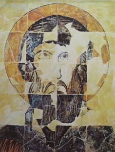 St. Theodorus, Byzantine Icon, 10.Cent. Sofia Nat. Gallery of Art, Color Litho: "St. Theodorus", Bulgarian Byzantine Orthodox icon from beginning of 10th century. Glazed tiles. Sofia, National Gallery of Art, vintage color lithograph, 1980s. The litho size c.11" x c.8.3/8" [28cm