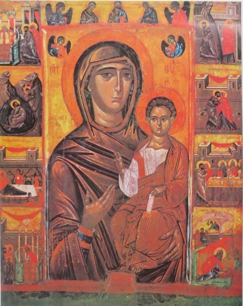 Our Lady Kecharitomene, Byzantine Icon, 16.Cent. Sofia Nat. Gallery of Art, Color Litho: "Our Lady Kecharitomene", Bulgarian Byzantine Orthodox icon from the 16th century. Balgarevo, district of Burgas. Tempera on wood. Sofia, National Gallery of Art, vintage color lithograph, 1980s. The 