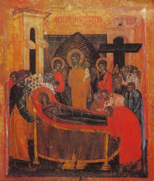 Dormition of Theotokos, Byzantine Icon, 16.C. Sofia Nat. Gallery of Art, Color Litho: "Our Lady Sleeping in the Lord" / Dormition of the Theotokos, Bulgarian Byzantine Orthodox icon from the 16th century. Rila Monastery. Tempera on wood. Sofia, National Gallery of Art, vintage color li