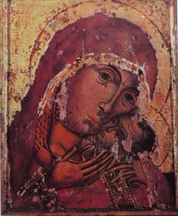 Our Lady with Jesus, Byzantine Icon, 16.Cent. Sofia Nat. Gallery of Art, Color Litho: "Our Lady with the infant Jesus", Bulgarian Byzantine Orthodox icon from the 16th century. Backovo Monastery. Tempera on wood. Sofia, National Gallery of Art, vintage color lithograph, 1980s. The lith