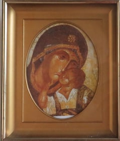 Our Lady with Jesus, Umilenie,  Byzantine Icon, Vintage Color Litho, 1980s Framed