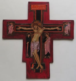 Crucifix, Jesus Christ on the Cross, Master of St. Francis, Color Litho on Board, 1950s