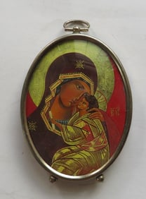 Our Lady with Jesus, Umilenie,  Byzantine Icon, Vintage Color Litho, 1980s Framed
