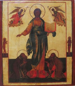 Jesus Christ with Saints & Archangels, Byzantine Orthodox Icon, Litho on Wood