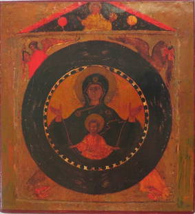 Platytera, Our Lady, Virgin Mary of the Sign, Byzantine Orthodox Icon, Litho on Wood: "Our Lady, Virgin Mary of the Sign" reproduction of the antique Byzantine Eastern Orthodox icon mounted on wooden board. Vintage 1980s high quality lithographic print mounted on wooden board, hand pai
