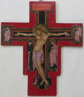 Jesus Christ on the Cross, Master of St. Francis, Color Litho on Board, 1950s: Crucifix, painted cross by Master of the Saint Francis Legend, Philadelphia Museum of Art, vintage color lithograph, 1950s on cardboard, varnished. The Cross is c.8.1/2" x c.9.1/8" [21.6cm x