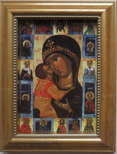 Our Lady of Tenderness with Selected Saints, Orthodox Icon, Color Litho, Framed: "Our Lady of Tenderness ("Umilenie"), Mother of God with selected Saints, Russian icon, early 16th century; reproduction of the antique Byzantine Eastern Orthodox icon mounted on cardboard, in vintage