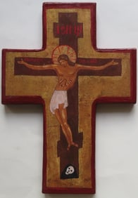 Byzantine Eastern Orthodox Crucifixion, Cross,  Litho on Wood