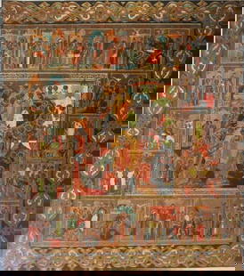 Festival Days, Passion of Christ, Moscow, Large Litho Print, Orthodox Icon,: "Descent into Hell and Resurrection Surrounded by Passion of Christ and Festival Days", Moscow, 19th century; reproduction of the Byzantine Russian Eastern Orthodox icon, large vintage 1980s high qual