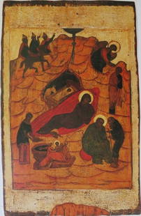 Nativity of Christ, North Russia 16. Century, 1980s Large Litho Byzantine Orthodox Icon: "Nativity of Christ", North Russia, 16th century; reproduction of the Byzantine Eastern Orthodox icon, large vintage 1980s high quality color lithographic print. The icon is 14" x 9" [35.5cm x