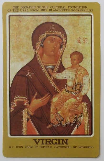 Virgin Mary, St Sophia Cathedral, Novgorod, 15.cent., Byzantine Orthodox Icon, Litho: "Virgin Mary and Jesus Christ, Hodigitria"; 15th century; St. Sophia's Cathedral, Novgorod, Russia; reproduction of the Byzantine Eastern Orthodox icon, vintage 1990 high quality lithographic print, w