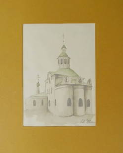 Holy Trinity Church in Kapelka, Moscow, 1710, Drawing, Mixed Media, Signed, 1980s: "Holy Trinity Church in Kapelka, Mocow, Russia, 1710 [destroyed]" genuine Byzantine Russian Orthodox drawing, mixed media, pencil & watercolor on paper in mat, signed, 1980s. The drawing is 6.3/4" x 4