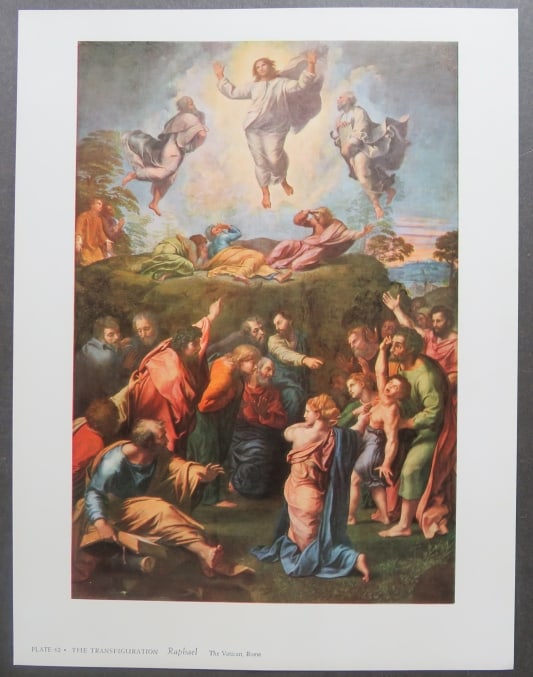 Raphael, The Transfiguration, 1950s Litho Art Print: "The Transfiguration" by Raphael (1401-1428), vintage lithographic plate from the portfolio Metropolitan Museum Seminars in Art, published by the Metropolitan Museum of Art in the 1950s. Lithographic