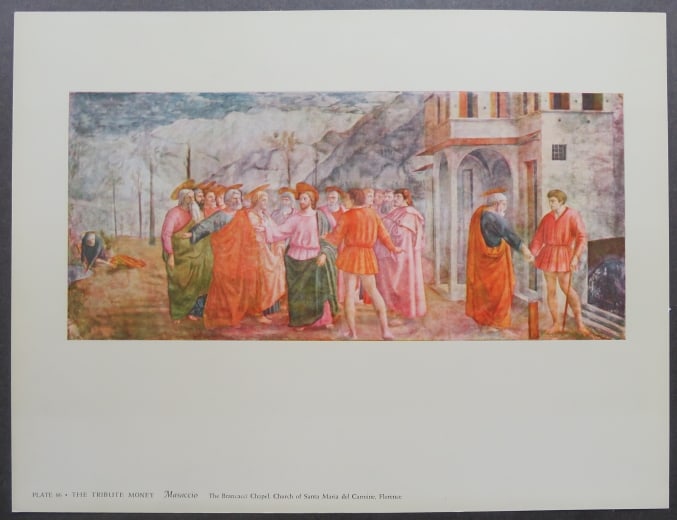 Masaccio, The Tribute Money, 1950s Litho Art Print: "The Tribute Money" by Masaccio (1401-1428), vintage lithographic plate from the portfolio Metropolitan Museum Seminars in Art, published by the Metropolitan Museum of Art in the 1950s. Lithographic p