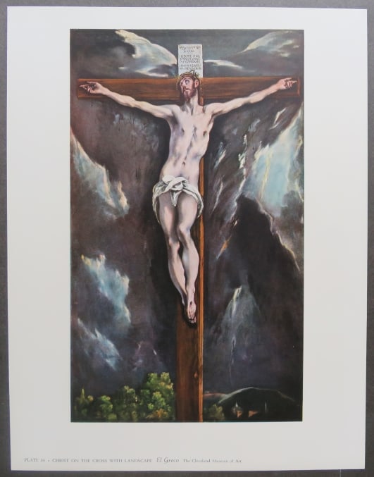 El Greco, Christ on the Cross, Litho Art Print, 1950s: "Christ on the Cross" by El Greco (1541-1614), vintage lithographic plate from the portfolio Metropolitan Museum Seminars in Art, published by the Metropolitan Museum of Art in the 1950s. Lithographic