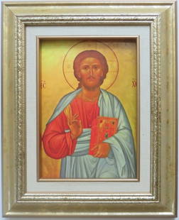 Christ the Savior, Byzantine Orthodox Icon, Litho Print, Framed: "Christ the Savior", Orthodox icon, vintage litho print in wooden glass frame The icon is 5.1/4" x 7" [13cm x 17.7cm]; the frame is 8.1/2" x 10.1/2" [21.1/2cm x 26.5cm]; very good / fine condition. Th