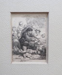 Rembrandt, The Pancake Woman, 1635, German Facsimile 1920s: "The Pancake Woman" by Rembrandt, etching, 1635, facsimile reproduction print in original size, Germany, late 1920s-early 1930s, matted. Facsimile of the Rembrandt's etching in original size,