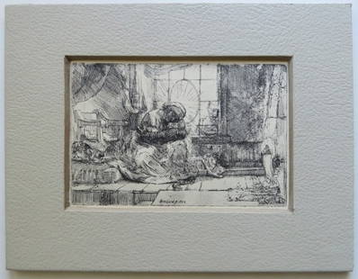 Rembrandt, The Virgin and Child, 1654, German Facsimile 1920s: "The Virgin and Child with the Cat and Snake" by Rembrandt, etching, 1654, facsimile reproduction print in original size, Germany, late 1920s-early 1930s, matted. Facsimile of the Rembrandt's etching