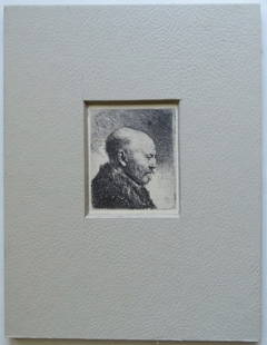 Rembrandt, Bald-Headed Man, 1630, Etching, Artist's Father, German Facsimile 1920s: "Bald-headed man in right profile", small plate [The artist's father?] by Rembrandt, etching, 1630, facsimile reproduction print in original size, Germany, late 1920s-early 1930s, matted. Facsimile of