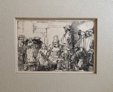 Rembrandt, Christ Seated Disputing with Doctors, 1654, German Facsimile 1920s: "Christ Seated Disputing with the Doctors" by Rembrandt, etching, 1654, facsimile in original size, Germany, late 1920s-early 1930s, matted. Facsimile of the Rembrandt's etching in original size, 5.5/