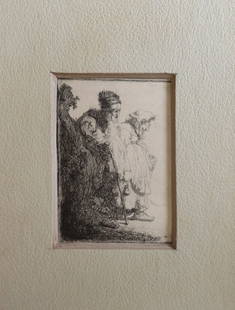 Rembrandt, Two Beggars, Man & Woman, Coming from Behind a Bank, Facsimile 1920s: "Two Beggars, a Man and a Woman, Coming from Behind a Bank" by Rembrandt, etching, c.1630, facsimile in original size, Germany, late 1920s-early 1930s, matted. Facsimile of the Rembrandt's etching in