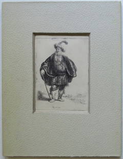 Rembrandt, The Persian, 1632, Etching, German Facsimile 1920s: "The Persian" by Rembrandt, etching, 1632, facsimile reproduction print in original size, Germany, late 1920s-early 1930s, matted. Facsimile of the Rembrandt's etching in original size, c.3.1/8" x 4.3