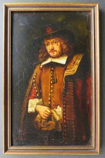 Portrait of Jan Six, after Rembrandt, c.19th Cent. Dutch Oil Painting on Tile: "Portrait of Jan Six", after Rembrandt, antique oil painting on ceramic tile, "Rembrandt" in the lower left corner, unidentified artist's monogram in the right corner, Dutch School, c.19th Century, in