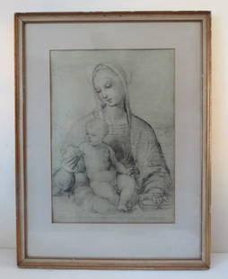 Raphael, Madonna of the Pomegranate, 1504, Facsimile 1930s, Glass Frame: "Madonna of the Pomegranate" black chalk drawing by Raphael, c. 1504, a facsimile reproduction in original size by the Albertina Museum, Vienna, Austria, where this artwork is located, 1930s. Vintage