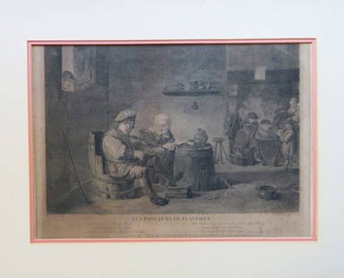 David Teniere, Passetems De Flandres, Engraved by Le Bas 1782: "Les Passetems De Flandres" antique copper engraving by Jacques-Philippe Le Bas, from the original oil painting by David Teniere, undated, 1782-1783. Engraved in plate: "D. Teniere pinx' at the lower