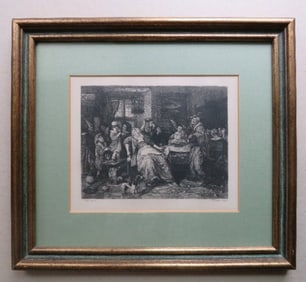 Jan Steen, Bean Feast, Antique 1870s Etching William Unger, Framed
