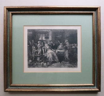 Jan Steen, Bean Feast, Antique 1870s Etching William Unger, Framed: "Twelfth Night" or "The Bean Feast", by Jan Steen (1668), antique etching on copper by William Unger, undated, 1870s-1880s. Signed in plate "J. Steen pinx. / W. Unger sculps." COA is included. Copper
