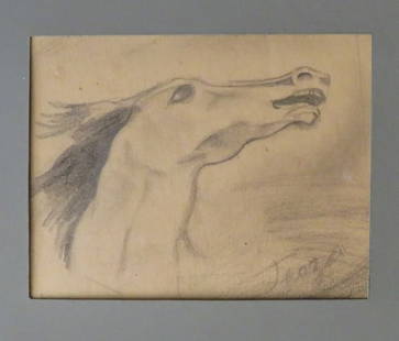 Horse, Original Mid Century Pencil Drawing, Signed, Framed: "Horse", original vintage drawing, signed [unidentified signature]; early-mid 20th century, pencil on paper, mated, gallery quality vintage glass frame. The drawing is 5.1/2" x 4.1/2" [14cm x 11.5cm];