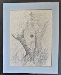 Old Chapel, Vintage Mid Century Drawing, Pencil on Paper, 1970s, Matted: "Old Chapel", vintage Mid Century drawing, pencil on paper, signed; matted, 1970s. The drawing is c.8.1/2" x 11.3/4" (21.5cm x 29.5cm); mat 11" x 14" [28cm x 35.5cm]; unframed, very good condition. Ra