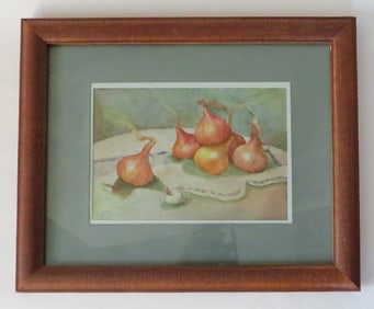 Onions, Still Life, Watercolor Drawing on Paper, 1988, Signed, Framed