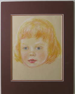Portrait of a Girl, Original Drawing Color Pencils on Paper, 1940s: "Portrait of a Girl", original vintage drawing, 1940s, color pencil on paper, unsigned, matted, double mat. The drawing is c.8.1/2" x 10.1/4" [21.5cm x 26cm]; very good condition. The mat is 11" x 14"