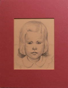 Portrait of a Girl, Original Pencil Drawing on Paper, 1940s, unsigned: "Portrait of a Girl" original vintage drawing, 1940s, pencil on paper, unsigned, matted. The drawing is c.4.1/2" x 5.1/2" [11.4cm x 14cm]; very good condition. The mat is 7" x 9" [17.7cm x 22.8cm], ve