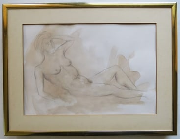 Nude, Original Drawing, Pencil & Sepia on Paper, 1970s, Gallery Frame