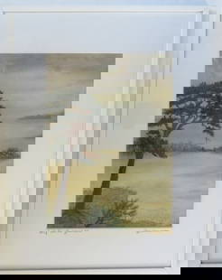 Romantic Landscape, Painting on Silk, signed Havemann, 1970s, Gallery Frame: "Romantic Landscape", vintage painting on silk, signed in German on the mat "Auf Seide gemalt" and "Havemann." Vintage European gallery glass frame. The drawing is c.7.1/2" x 10.1/2" (19cm x 26.8cm),