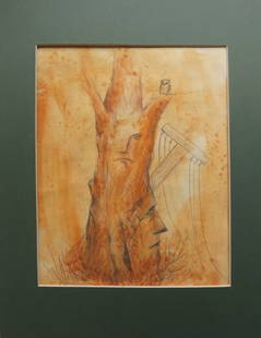 Surrealist Tree, Original Drawing, Pencil & Sepia on Paper, Matted, 1970s: "Surrealist Tree", original vintage drawing, pencil and sepia on paper, unsigned, matted, c.1970s. The drawing is 8" x 10" [20.3cm x 25.3cm]; the mat is 11" x 14" [28cm x 35.5cm], very good condition.