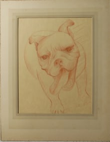 Mr. Wilson II, Original Dog Drawing, signed Sepia on Colored Paper, Matted