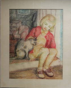 Large Drawing, Girl with a Cat, Color Pencils on Paper, 1940s: "Girl with a Cat" original large drawing, color pencils on structured heavy paper, unsigned, 1940s, matted. The drawing is c.14" x 18" [35.5cm x 46cm]; matte varnished to protect colors, very good
