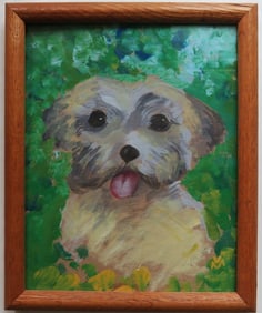 Sparky, Original Dog Drawing, Signed, Acrylics, 2010s, Wooden Glass Frame