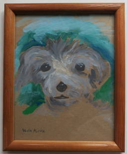 Ted, Original Dog Drawing, Signed, Aqrylics on Cardboard, 2010s, Wooden Glass Frame: "Ted" original drawing, signed, acrylics on cardboard, 2010s, in the vintage wooden glass frame. The drawing is c.8" x 10" (20.2cm x 25.5cm); the glass frame is c.9.1/4" x 11.1/4" [23.3cm x 28.5cm]; v