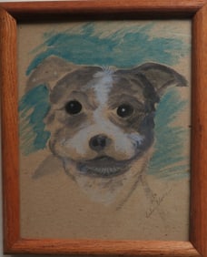 Rudy, Original Dog Drawing, signed, Aqrylics on Cardboard, 2010s, Wooden Glass Frame
