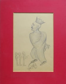 King Lear, Original Pencil Drawing on Paper, 1980s, Matted