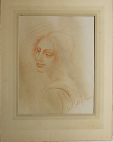 Smiling Girl, Original Drawing, Sepia on Colored Paper, Signed, Matted